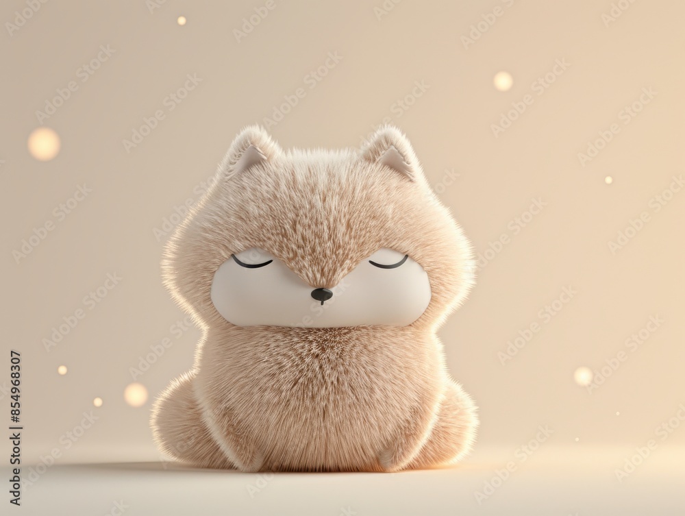 Fototapeta premium Cute, fluffy plush fox toy with closed eyes and serene expression, surrounded by soft bokeh lights. Calm and adorable decoration.