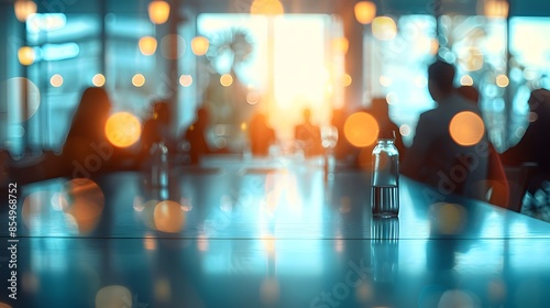 Blurred background of business people in an office meeting room with a bokeh effect and sunlight, creating an abstract or blurry stock photo template for various commercial uses.