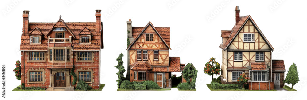 Fototapeta premium Collection of Diverse Luxury Properties - Beachside Villa, Colonial Mansion, Eco-Friendly House | Real Estate Concepts on White Background