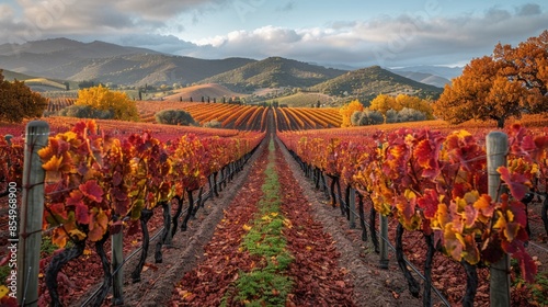 A panoramic view of a vineyard in autumn, with rows of vines displaying vibrant red and orange foliage. The scene captures the seasonal change and tranquility of rural winemaking amidst a backdrop of