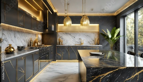 interior of kitchen.empty modern luxury kitchen with golden and black marble surfaces, blurred slightly to emphasize depth and elegance. The composition should highlight the opulent materials and slee