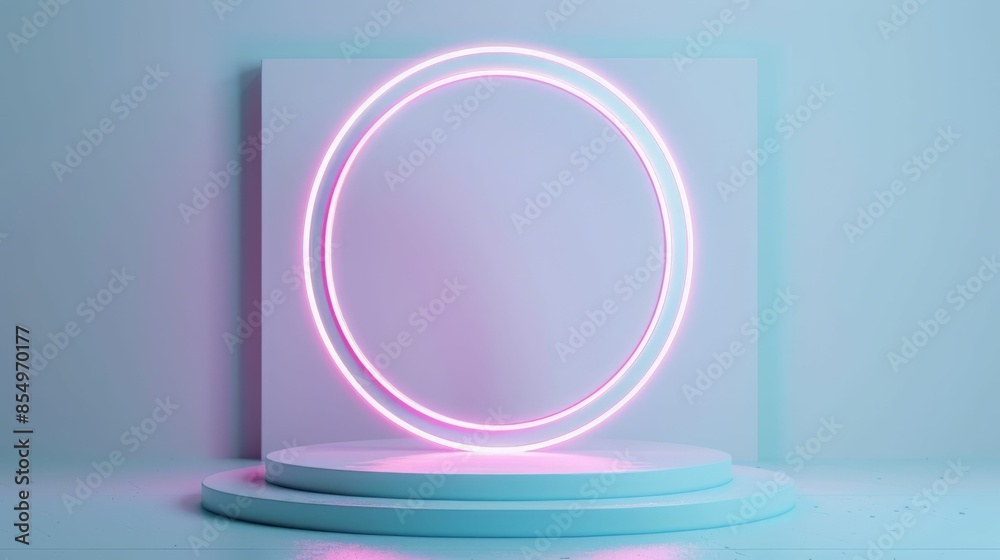 Obraz premium Podium Neon Light Circle on White Platform.