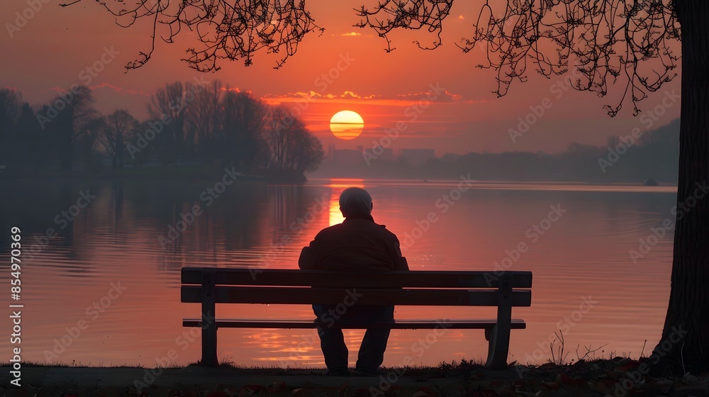 Obraz premium Elderly man sitting on park bench, looking out over lake at sunset.