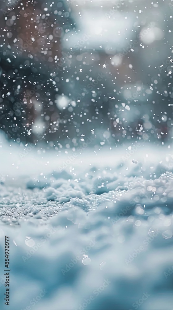 With snowflakes softly falling, a snow-covered field comes into focus, offering a glimpse into the peaceful and magical ambiance of a winter wonderland With snowflakes softly falling, a snow-covered field comes into focus, offering a glimpse into the peaceful and magical ambiance of a winter wonderland