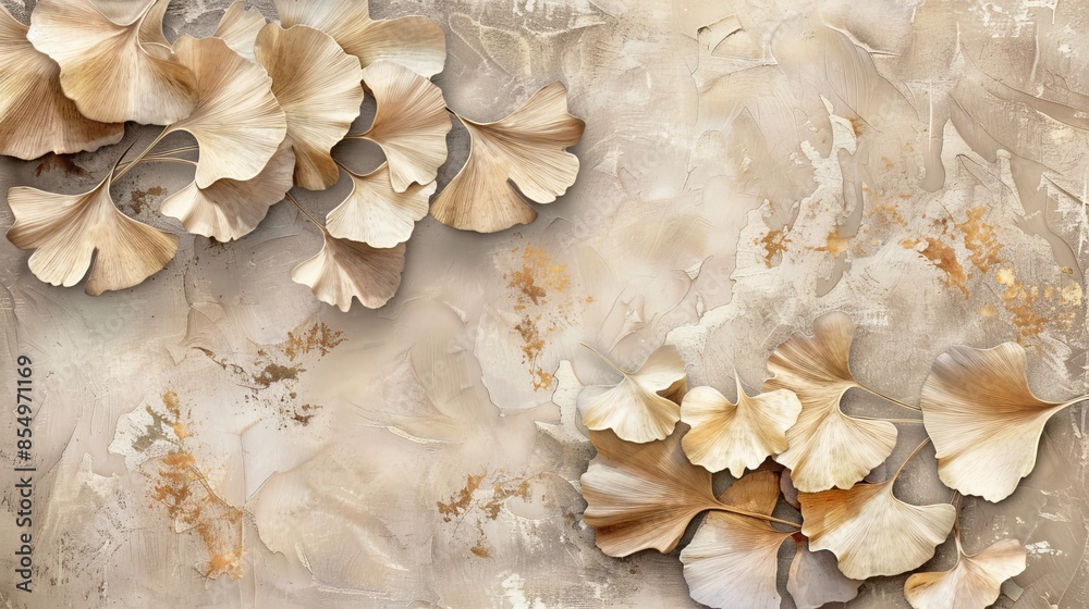 Ginkgo leaves in textured look, light beige background, copy and text space, 16:9 Ginkgo leaves in textured look, light beige background, copy and text space, 16:9