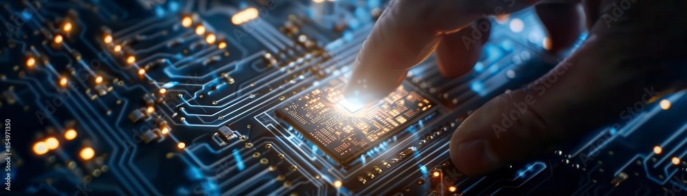 Obraz premium A finger touching a glowing microchip on a circuit board