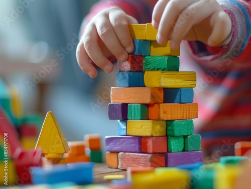 child playing with wooden blocks photo