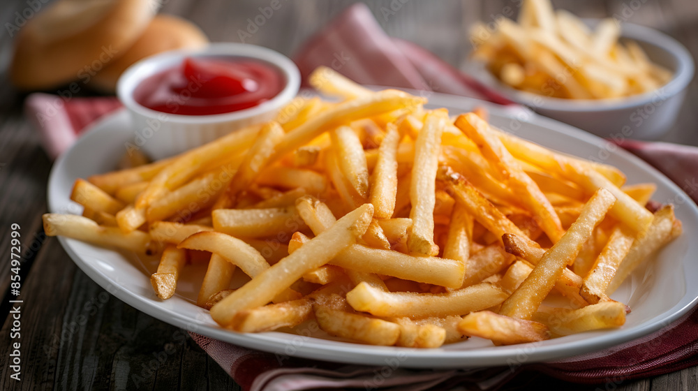 French fries with greens in a plate with ketchup French fries with greens in a plate with ketchup