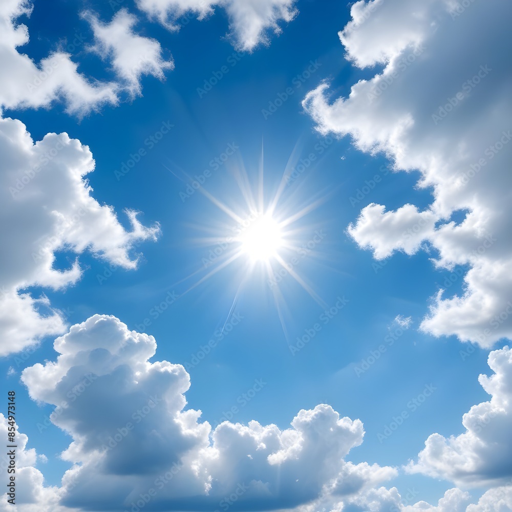Bright sun shining through fluffy white clouds in a clear blue sky Bright sun shining through fluffy white clouds in a clear blue sky