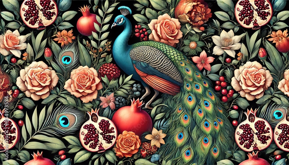 Naklejka premium A pattern with a black background featuring an elegant peacock, surrounded by various botanical elements