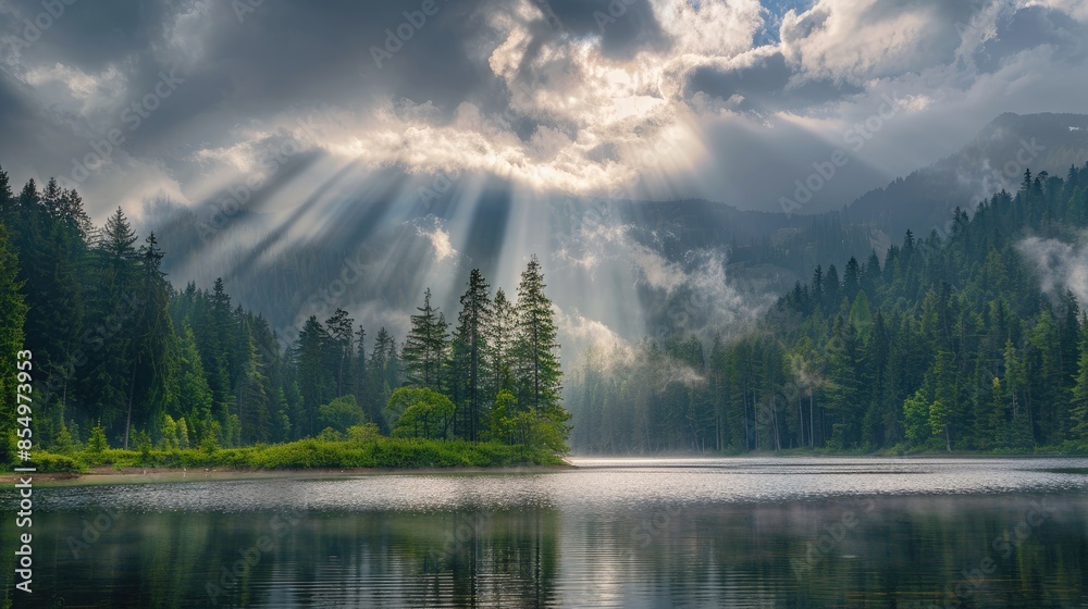 Sunlight shining through dense clouds above lake with forest on the shore Landscape
