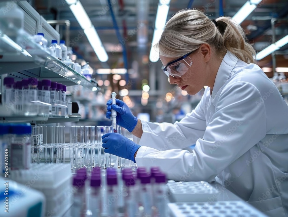 Female scientist working in a laboratory, focused on her research.