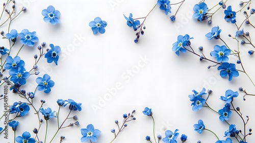 Forget-me-nots, white background, flat lay. The photo is in the style of a minimalist flat lay with blue forget-me-nots on a plain white background. photo