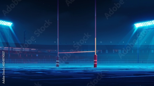 Nighttime view of an illuminated rugby stadium with goalposts, highlighting the serene ambiance of the empty field.