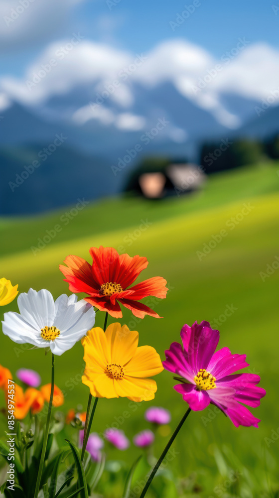 Obraz premium A field of flowers with a house in the background