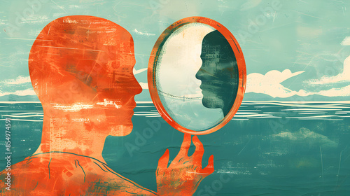 An illustration of a person holding a mirror reflecting their inner and outer selves, illustration.


