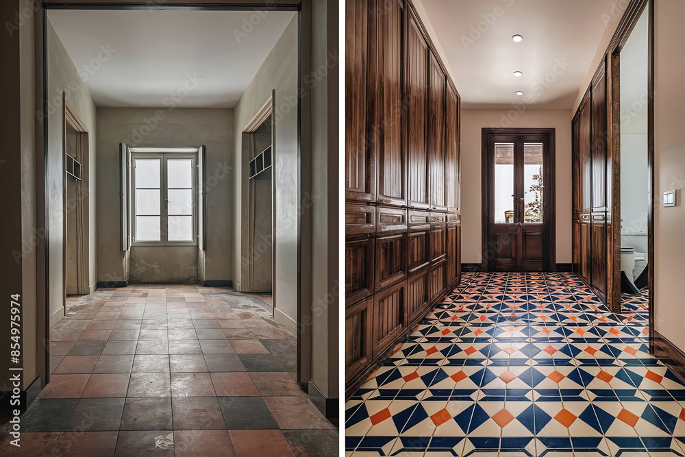 Fototapeta premium Before and after comparison of a home floor tiles renovation, showcasing the dramatic transformation and improvement in the quality and aesthetics of the flooring.
