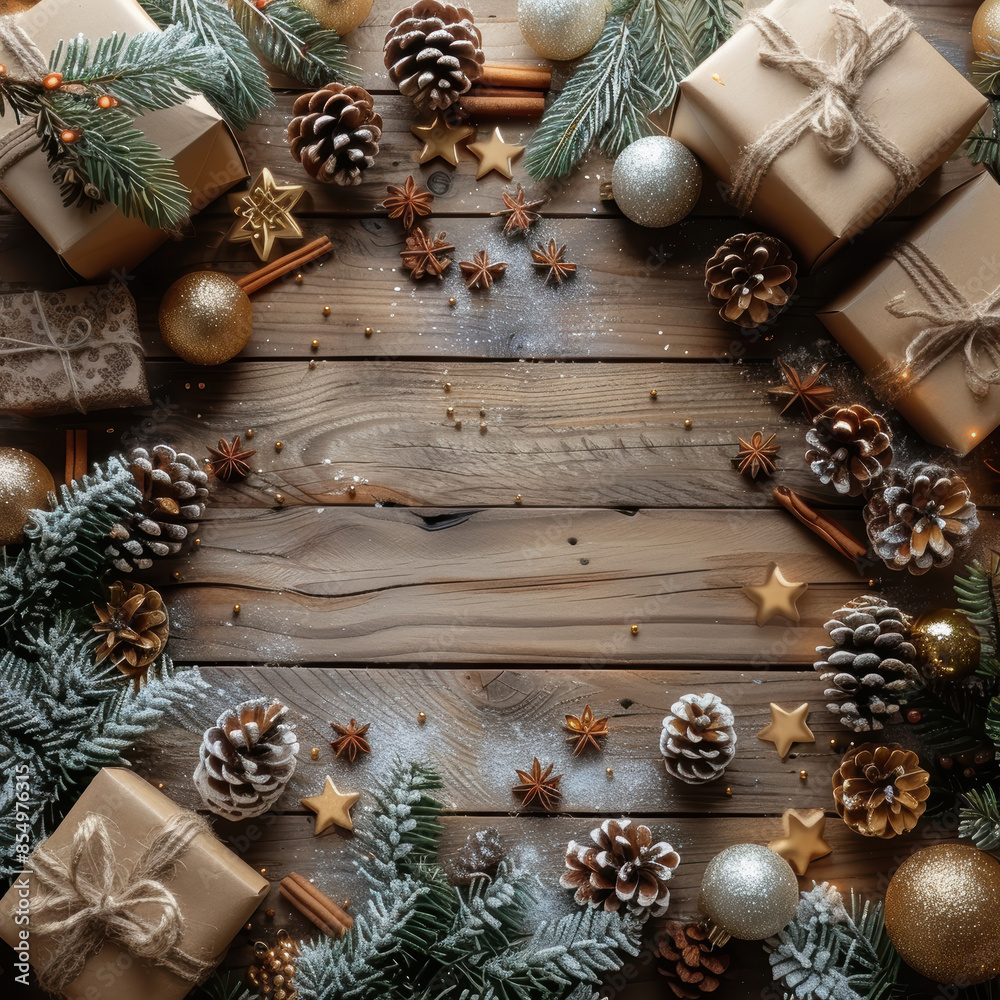 Fototapeta premium A beautiful Christmas background with presents, ornaments, and pine cones.