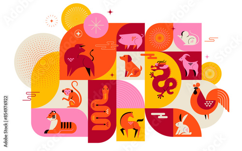 Chinese horoscope zodiac concept design, poster, banner. Geometric minimalist style. Animals symbols of Chinese New year . Set of mascots: rabbit, dragon, snake, tiger, ox, rat, pig, dog, rooster
