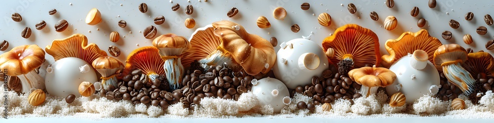 Intermingling of Coffee Beans and Mushrooms in Artful Superfood Still Life Setup with Natural Intermingling of Coffee Beans and Mushrooms in Artful Superfood Still Life Setup with Natural