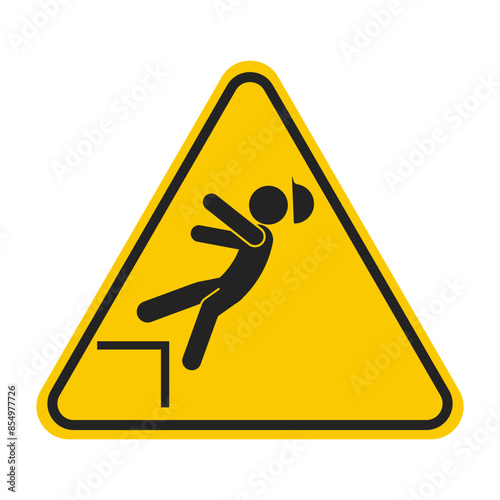 Yellow triangle safety sign worker falling from a ladder, Yellow triangle sign worker falling from edge of a roof building, for safety sign label