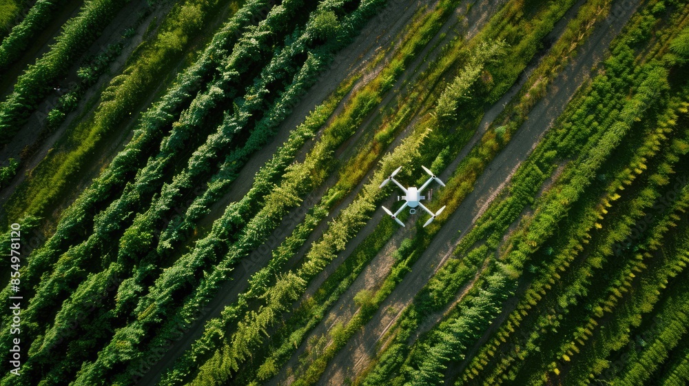 Fototapeta premium Drone technology transforms agriculture: aerial shot captures drones in flight, optimizing crop management and yield with precision monitoring