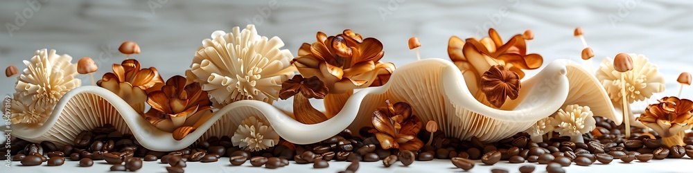 Intertwining Aromatic Coffee Beans and Flavorful Mushrooms Elegantly Displayed as Superfood Intertwining Aromatic Coffee Beans and Flavorful Mushrooms Elegantly Displayed as Superfood