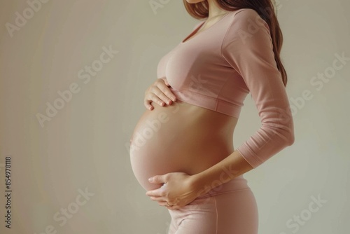 Pregnant Woman Holding Belly in Pink Outfit
