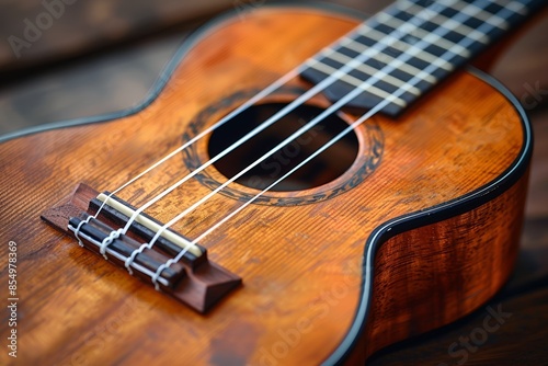 A close-up, detailed photograph showcasing the intricate craftsmanship and natural wood grain of a beautifully handcrafted ukulele resting on a wooden surface