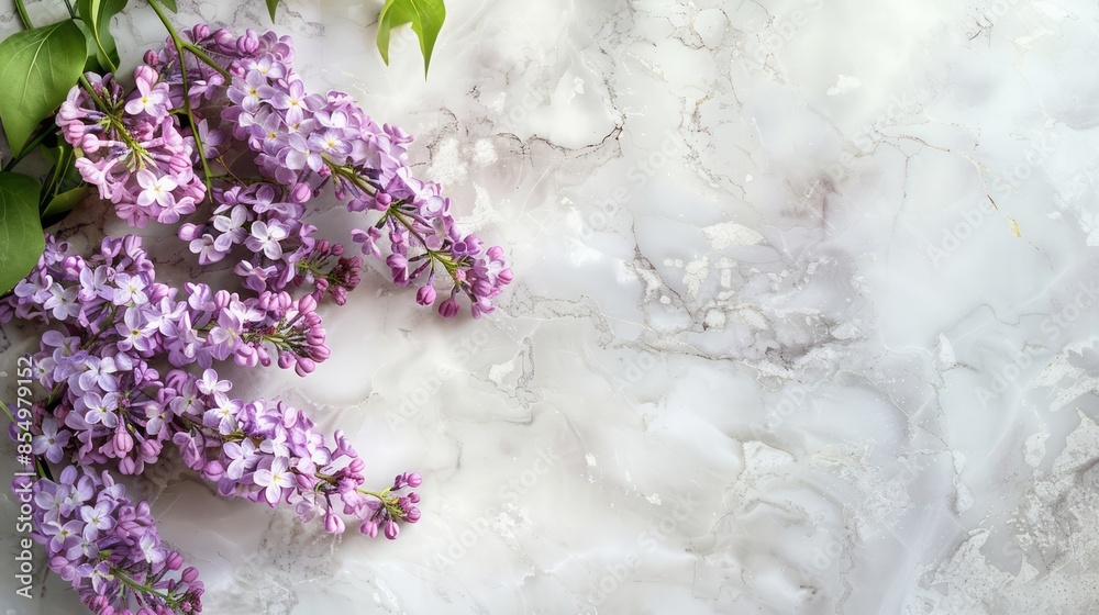 copy space, on the right detailed Lilacs on Marble background copy space, on the right detailed Lilacs on Marble background