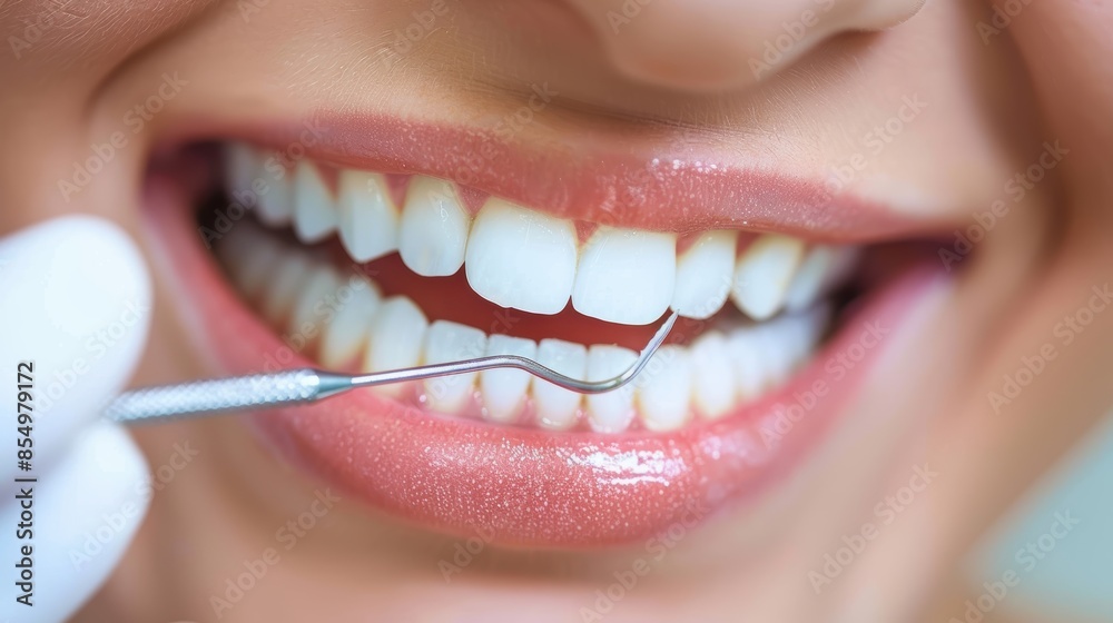 Naklejka premium A close-up of a woman's teeth being cleaned by a dentist. The dentist is using a dental scaler to remove plaque and tartar from the woman's teeth. The woman is smiling and has her mouth open wide.