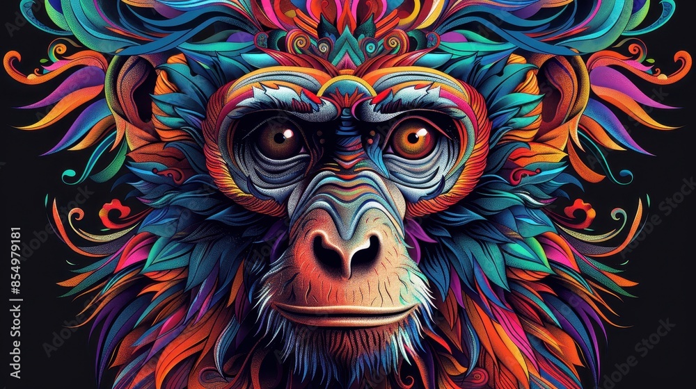 Vibrant and Colorful Abstract Illustration of a Monkey with Intricate Patterns and Bold Colors Vibrant and Colorful Abstract Illustration of a Monkey with Intricate Patterns and Bold Colors