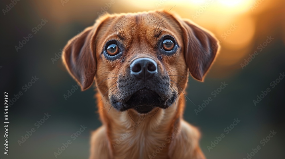 A close-up photograph of a brown dog with expressive eyes, captured in sharp detail with a blurred background, during the golden hour A close-up photograph of a brown dog with expressive eyes, captured in sharp detail with a blurred background, during the golden hour