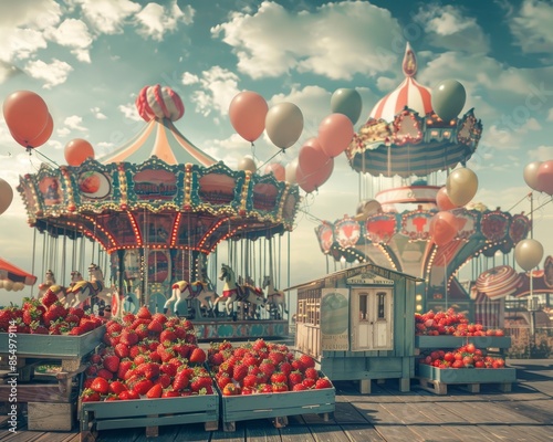 Vintage fair  ripe strawberries in boxes with balloons and carousel, perfect for summer fun photo