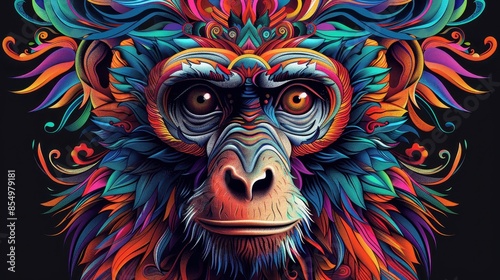 Vibrant and Colorful Abstract Illustration of a Monkey with Intricate Patterns and Bold Colors
