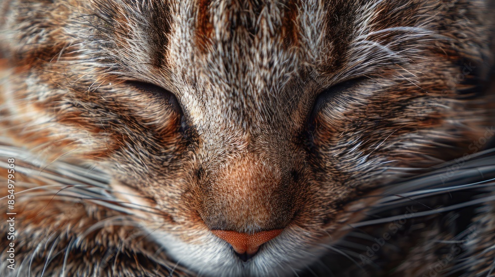 Fototapeta premium Tabby cat with closed eyes captured up close