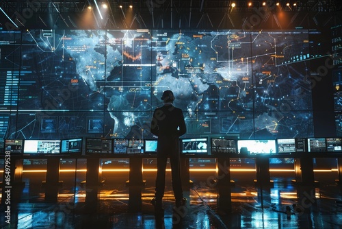 Man monitors global cyber schemes in high tech control room with dramatic lighting