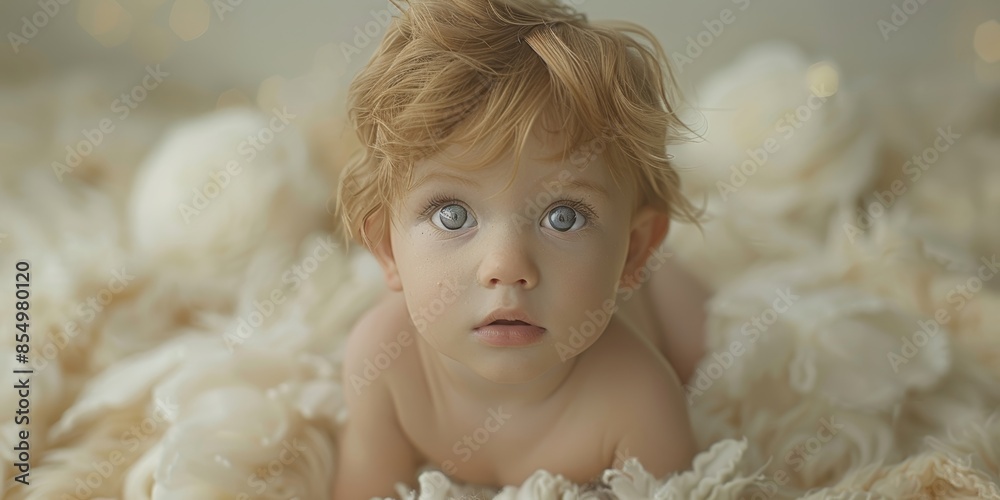 Fototapeta premium A delightful infant with expressive blue eyes and light curly hair lying on a soft bed of cream-colored flowers, capturing a moment of innocence and curiosity