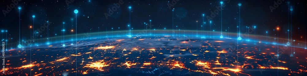 Obraz premium Illuminated Global Digital Connectivity Network on Dark Background