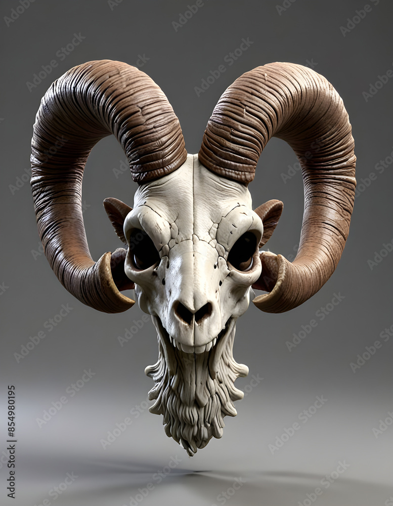 A 3D animated Cute Cartoon Printable Bighorn Ram Skull Character 3D Rendered on a Gray Background.