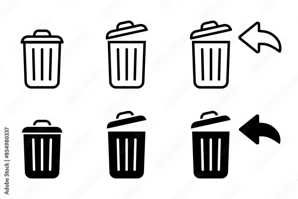 Open trashcan icon. Garbage can symbol. Delete sign. Trash container with arrow logo. Trash bucket vector illustration Open trashcan icon. Garbage can symbol. Delete sign. Trash container with arrow logo. Trash bucket vector illustration
