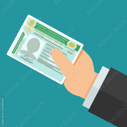A hand presents a driver's license from Brazil on blue background in flat design style