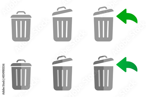 Open trashcan icon. Garbage can symbol. Delete sign. Trash container with arrow logo. Trash bucket vector illustration