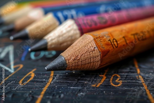 Close-up view of a set of sharpened colored pencils on a textured chalkboard surface, highlighting the fine details of wood grain and pencil tips photo