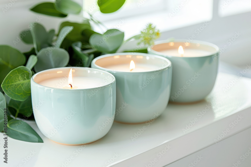 Three light blue ceramic candles burning on a white windowsill with green foliage in the background Three light blue ceramic candles burning on a white windowsill with green foliage in the background