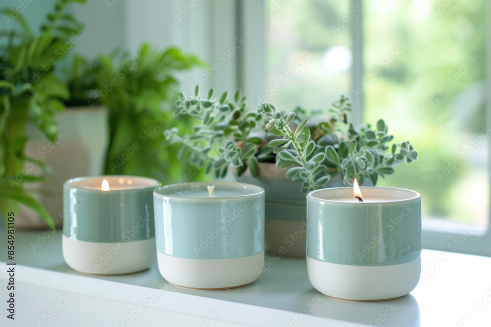 Three teal and white candles are burning in front of a window, creating a cozy and inviting atmosphere Three teal and white candles are burning in front of a window, creating a cozy and inviting atmosphere