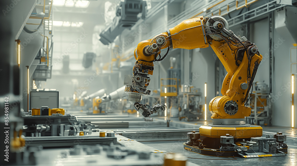 A yellow robotic arm operates in a futuristic factory setting, showcasing automation in industrial production. A yellow robotic arm operates in a futuristic factory setting, showcasing automation in industrial production.