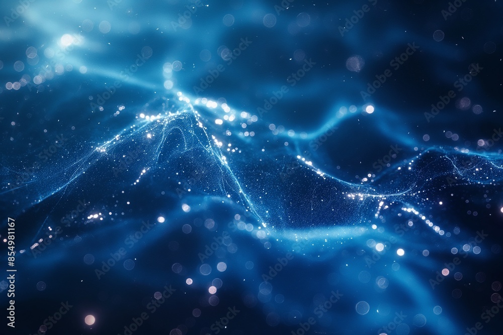 Futuristic abstract with flowing light particles on a dark blue background, perfect for technology and science-related designs. Futuristic abstract with flowing light particles on a dark blue background, perfect for technology and science-related designs.