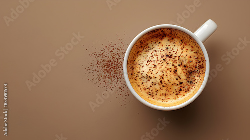 Overhead View of a Cappuccino with Cocoa Powder on a Brown Background
