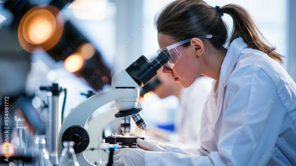 Scientist Using Microscope in Modern Laboratory. A female scientist using a microscope in a modern laboratory, showcasing advanced scientific research and the meticulous examination of specimens. Scientist Using Microscope in Modern Laboratory. A female scientist using a microscope in a modern laboratory, showcasing advanced scientific research and the meticulous examination of specimens.